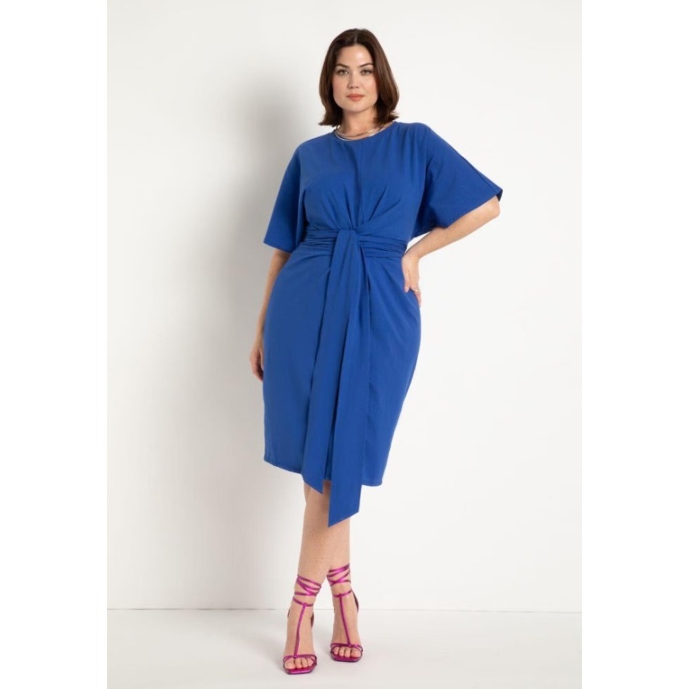 NWT Eloquii Blue Twist Front Wrap Waist Jersey Midi Dress Flutter Sleeves 22